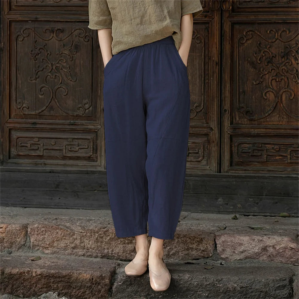 Womens Cotton Linen Cropped Pants Loose Fit Wide Leg Capri Casual Plus Size Elastic Waist Trousers Capris