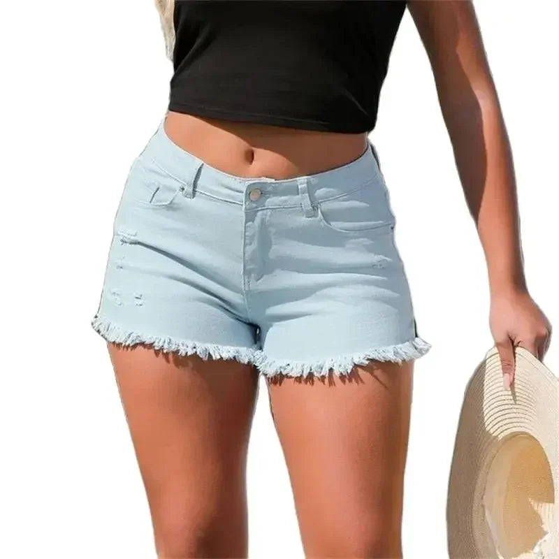 Women Summer Split Tassel Trouser Legs Denim Shorts Vintage Broken Holes Three Quarter Pants Female Casual High Waist Mini Jeans