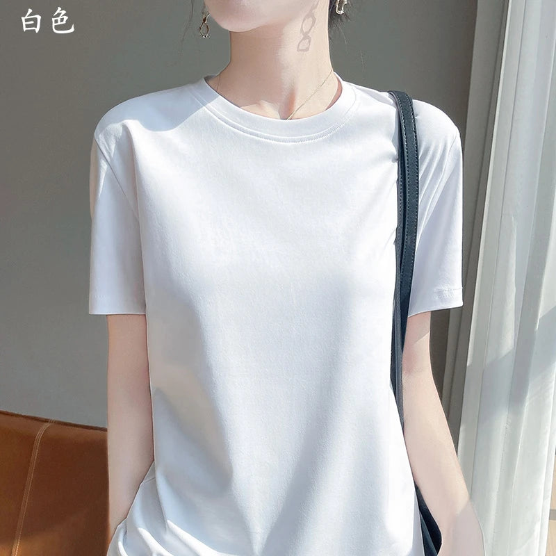 2025 Summer New Cotton Short Sleeve T-shirt Women's Round Neck Half Sleeve Mercerized Cotton Cool T-shirt
