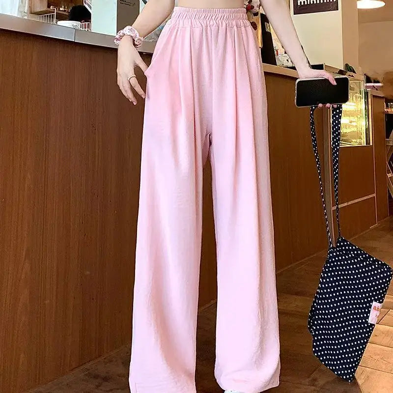 Summer Women Sweet Colorful Ice Silk Pants Lady Baggy Versatile Elastic Straight Leg Trousers Female Wide Leg High Waisted Pants