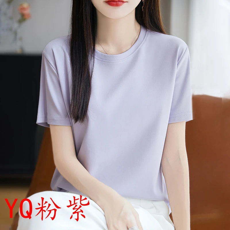 2025 Summer New Cotton Short Sleeve T-shirt Women's Round Neck Half Sleeve Mercerized Cotton Cool T-shirt