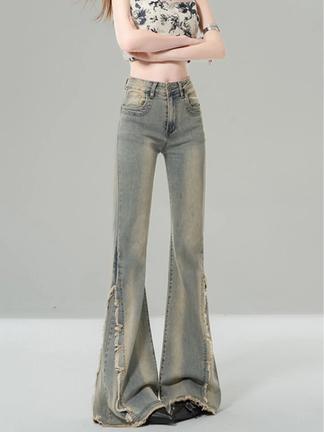 Women's High Waist Bootcut Jeans Vintage Wash Side Slit Fringe Flared Denim Distressed Raw Hem Y2K Streetwear