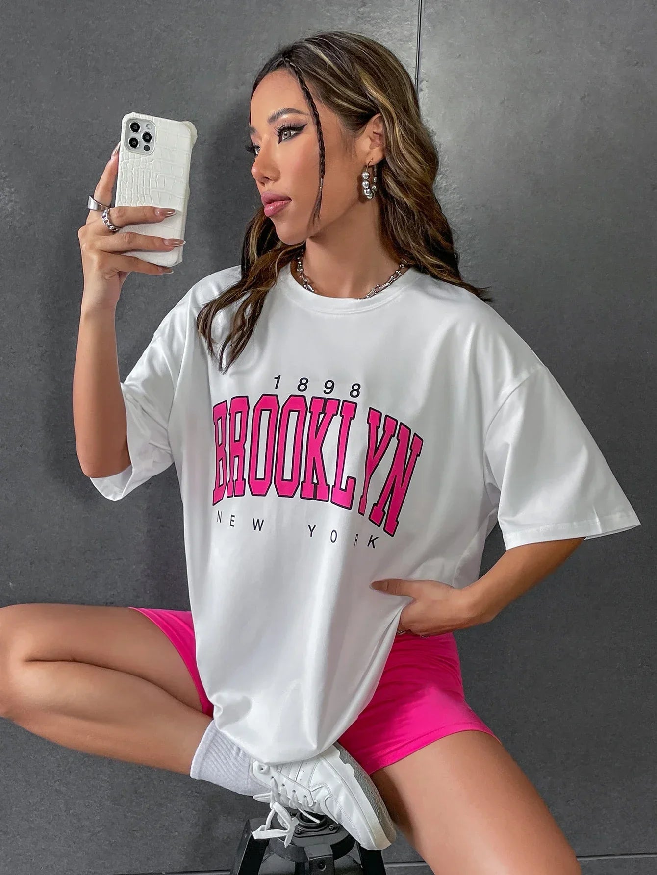 1898 Brooklyn York Letter Drop Shoulder Print T-Shirt Women Vintage Oversized T Shirt Simple Clothes Female Tshirt Y2K Top