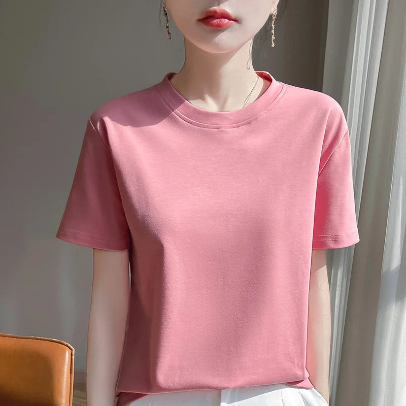 2025 Summer New Cotton Short Sleeve T-shirt Women's Round Neck Half Sleeve Mercerized Cotton Cool T-shirt