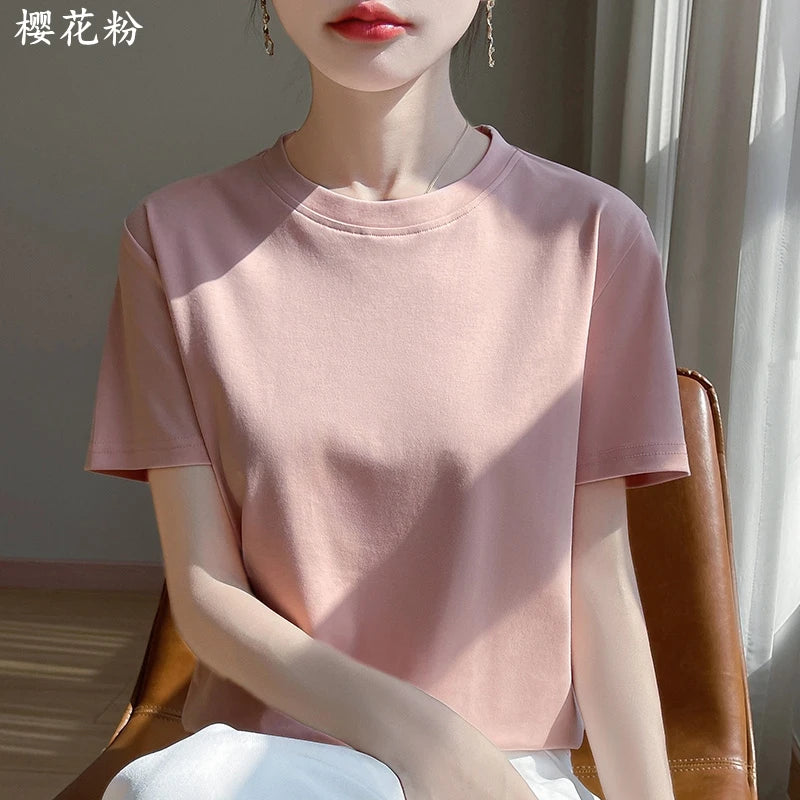 2025 Summer New Cotton Short Sleeve T-shirt Women's Round Neck Half Sleeve Mercerized Cotton Cool T-shirt