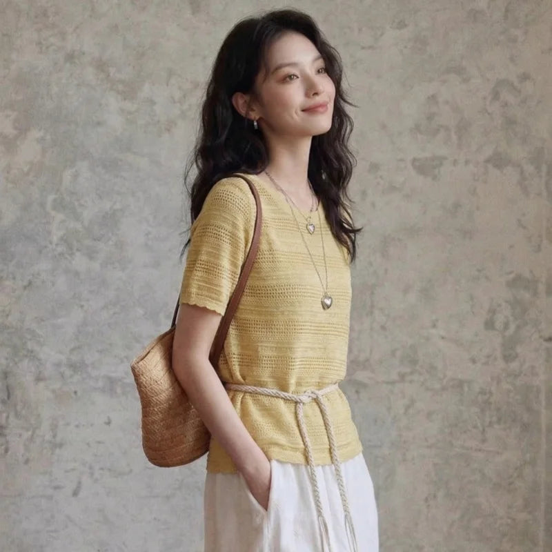 Round neck hollow knitted sweater short sleeved women's summer new European half sleeved thin breathable T-shirt top