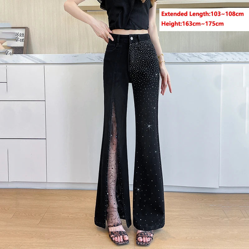 Women's Rhinestone & Beaded Split Flare Jeans High Waist Stretchy Black Denim Pants Lace Mesh See-Through Party Trousers Vintage
