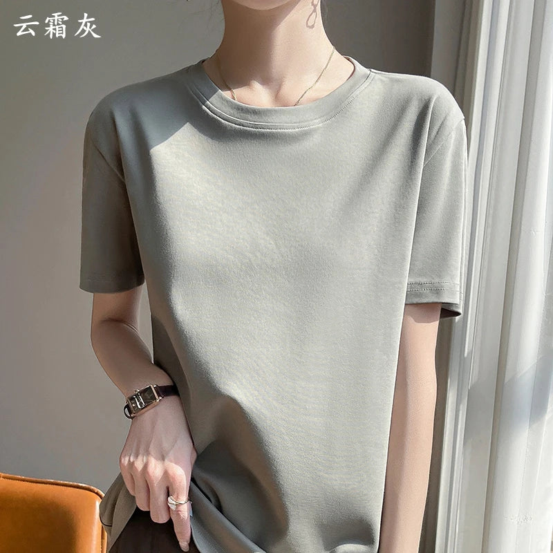 2025 Summer New Cotton Short Sleeve T-shirt Women's Round Neck Half Sleeve Mercerized Cotton Cool T-shirt