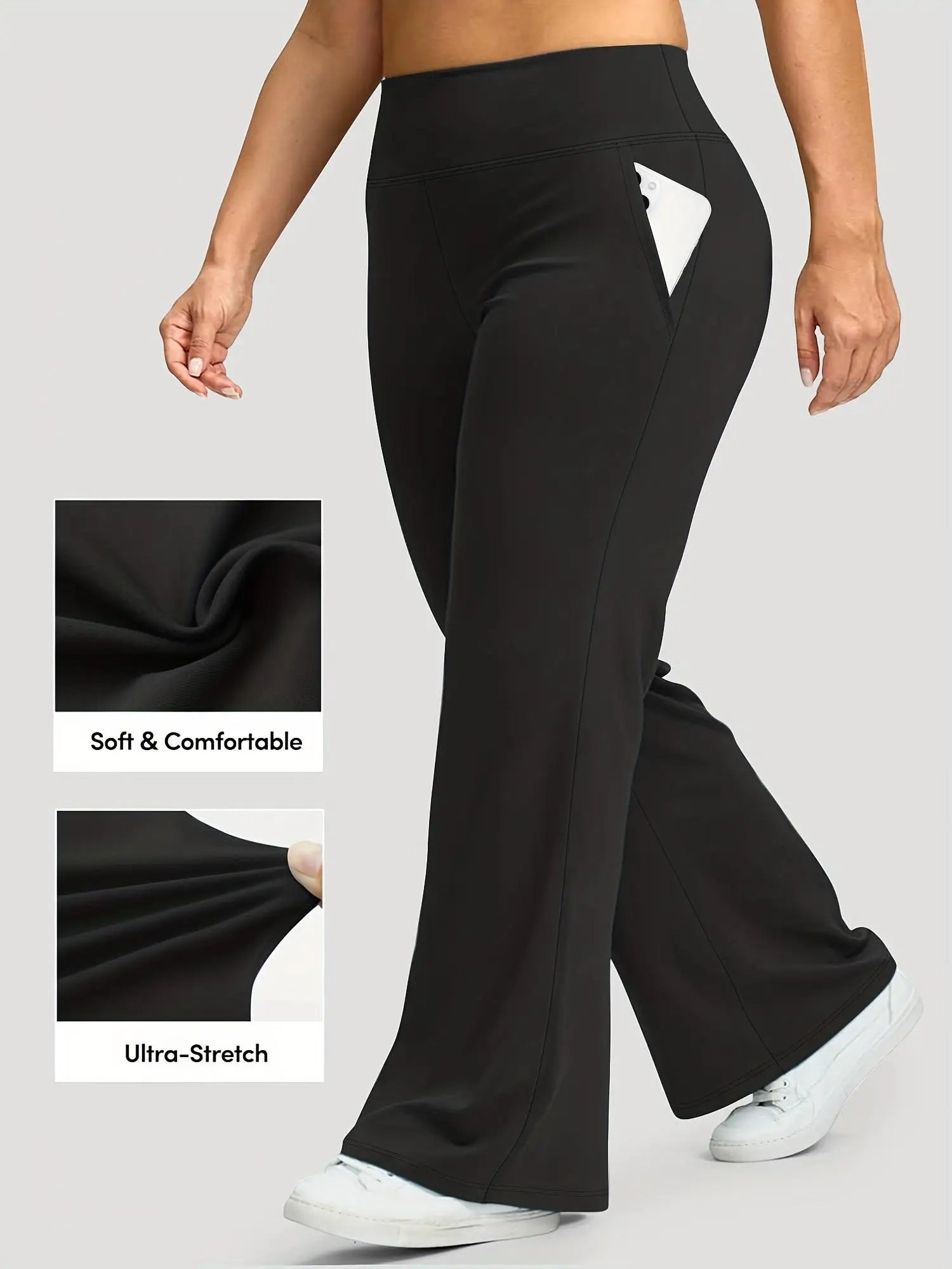 Women's Black High-Waisted Flared Pants - Soft Elastic Trousers with Pockets, Comfortable Fit, Elegant, Casual Wear no fleece