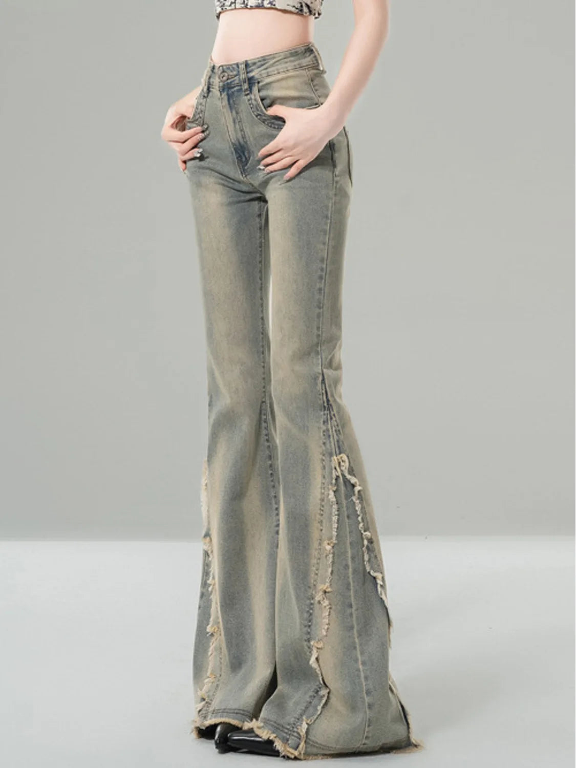Women's High Waist Bootcut Jeans Vintage Wash Side Slit Fringe Flared Denim Distressed Raw Hem Y2K Streetwear