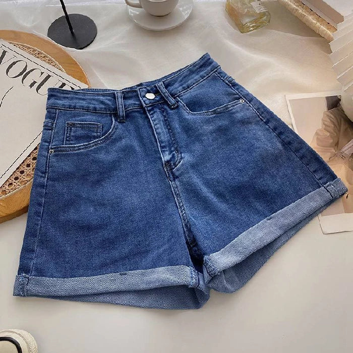 High Waist Wide Leg ort Jeans Women's Summer Loose Slimming Korean Sle A-Line Cuffed Casual Hot Pants Blue Denim