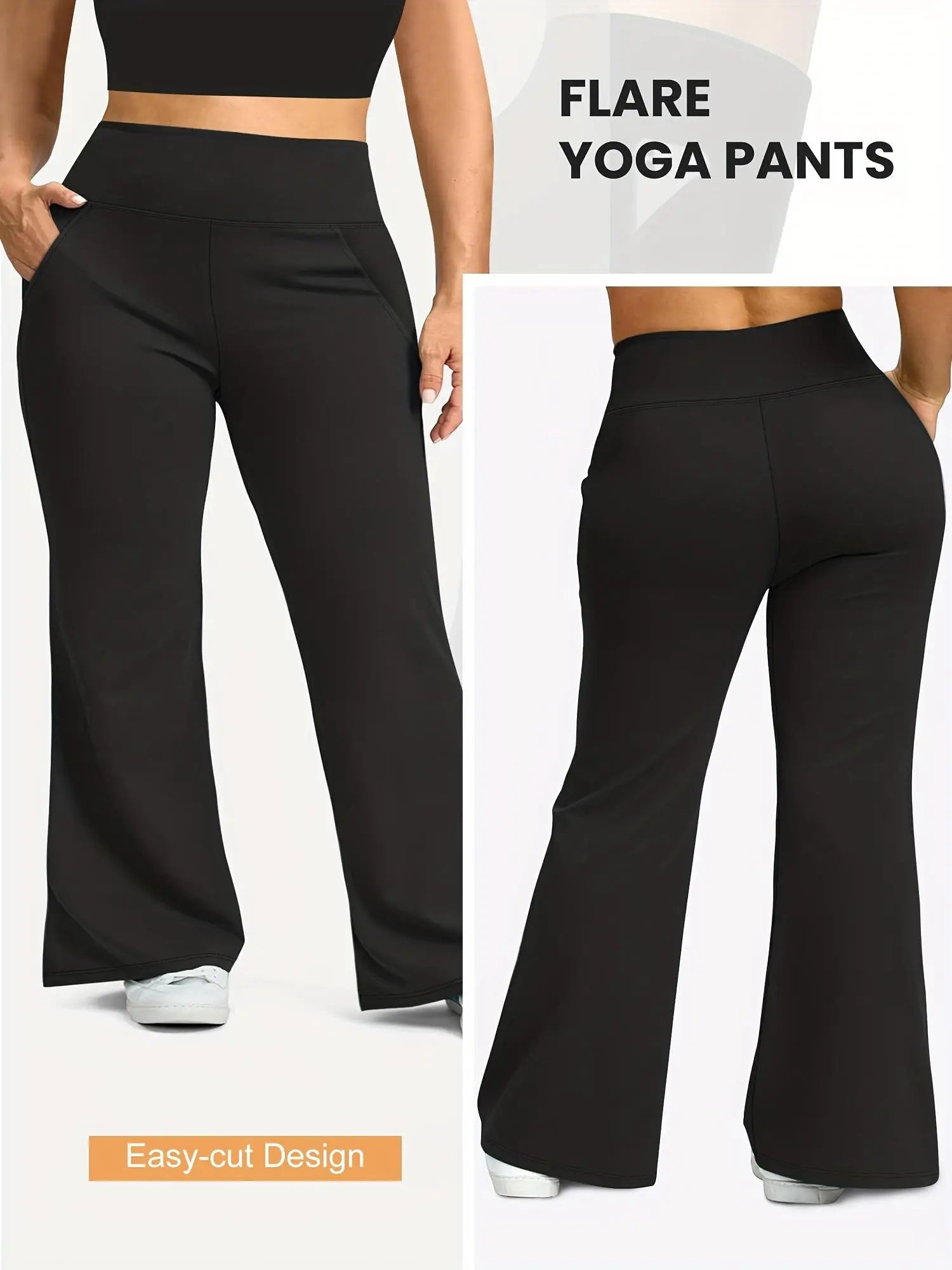 Women's Black High-Waisted Flared Pants - Soft Elastic Trousers with Pockets, Comfortable Fit, Elegant, Casual Wear no fleece