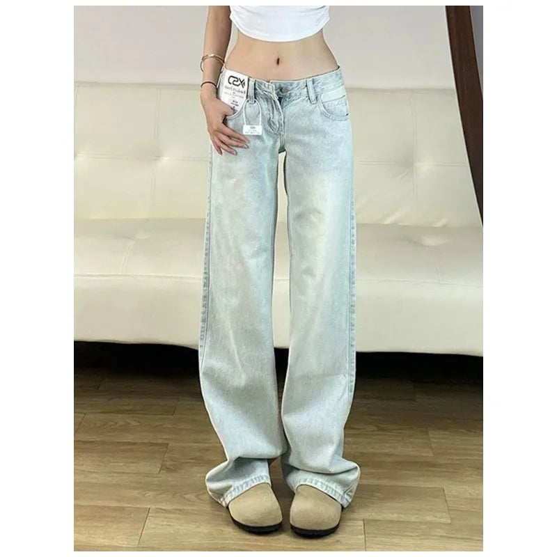 Women Jeans Straight Wide Leg Vintage Light Wash Low Rise Petite Summer Lightweight Slim Fit Denim American Latest Womens Pants