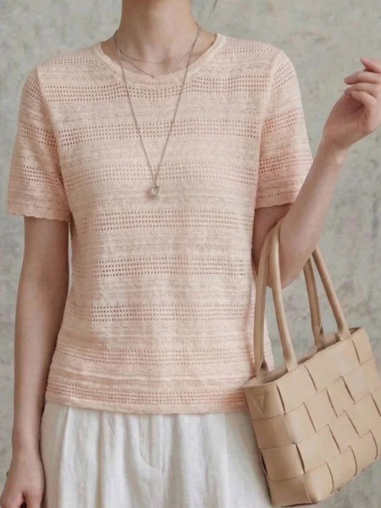 Round neck hollow knitted sweater short sleeved women's summer new European half sleeved thin breathable T-shirt top