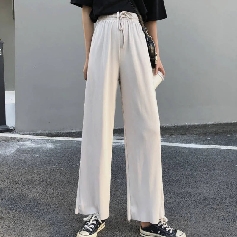 Slacks Women's Loose Summer Pants Soft Ice Silk Ankle-Length Black Wide Leg Pants Grey Khaki Women High Waisted Trousers 2026