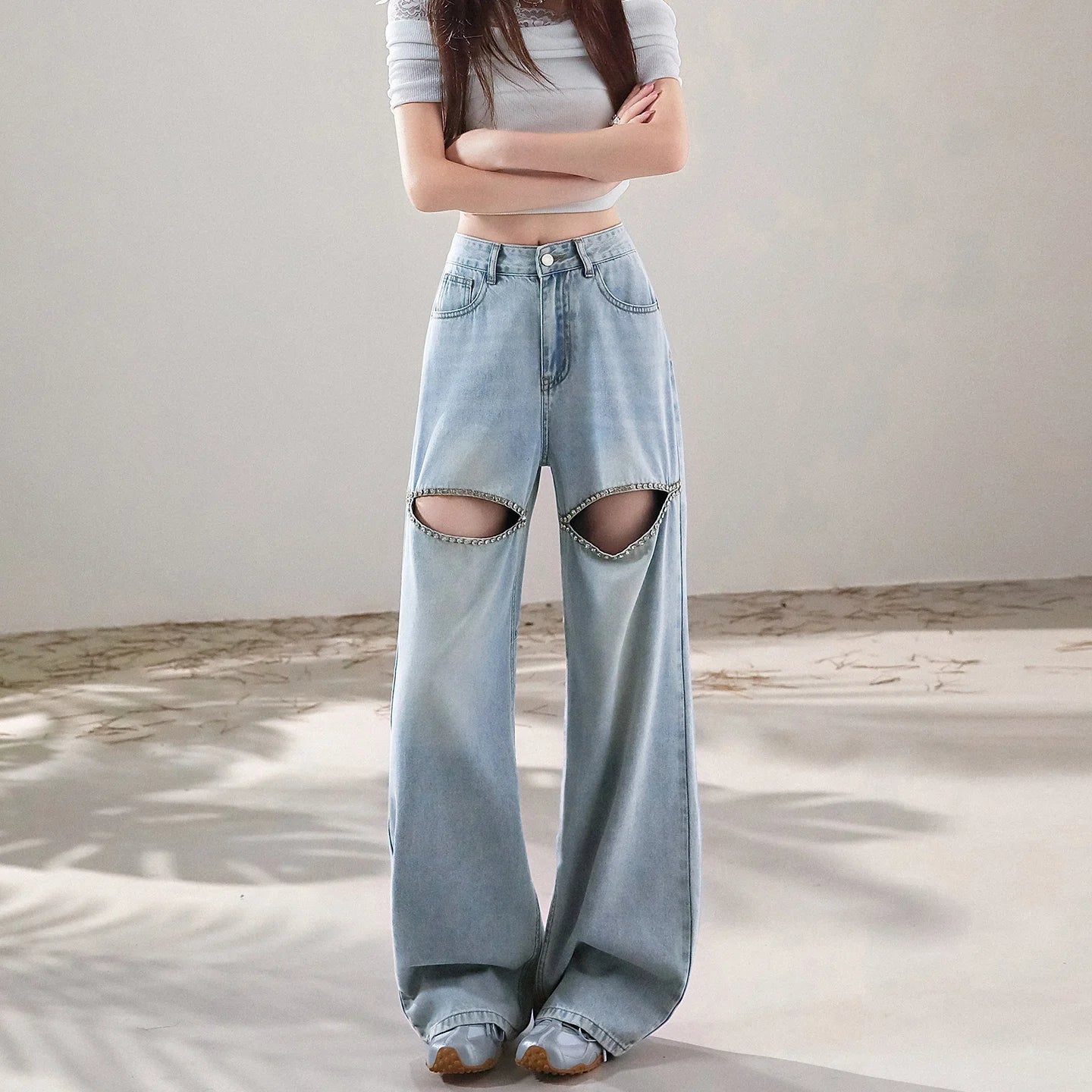 Chic Women Hollowed Out Diamonds Beaded Holes Jeans Rhinestones Straight Denim Pants Crystals Cowboy Trousers Loose Pantalones