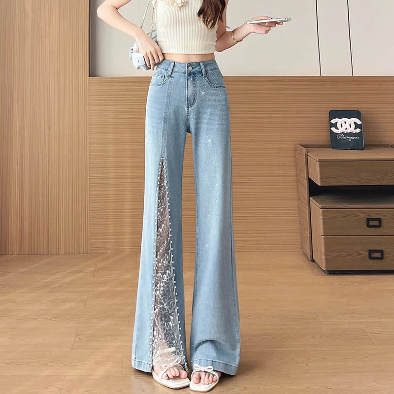 Women's Rhinestone & Beaded Split Flare Jeans High Waist Stretchy Black Denim Pants Lace Mesh See-Through Party Trousers Vintage