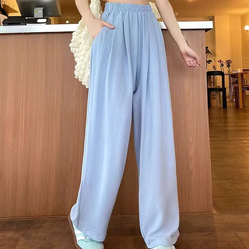 Summer Women Sweet Colorful Ice Silk Pants Lady Baggy Versatile Elastic Straight Leg Trousers Female Wide Leg High Waisted Pants