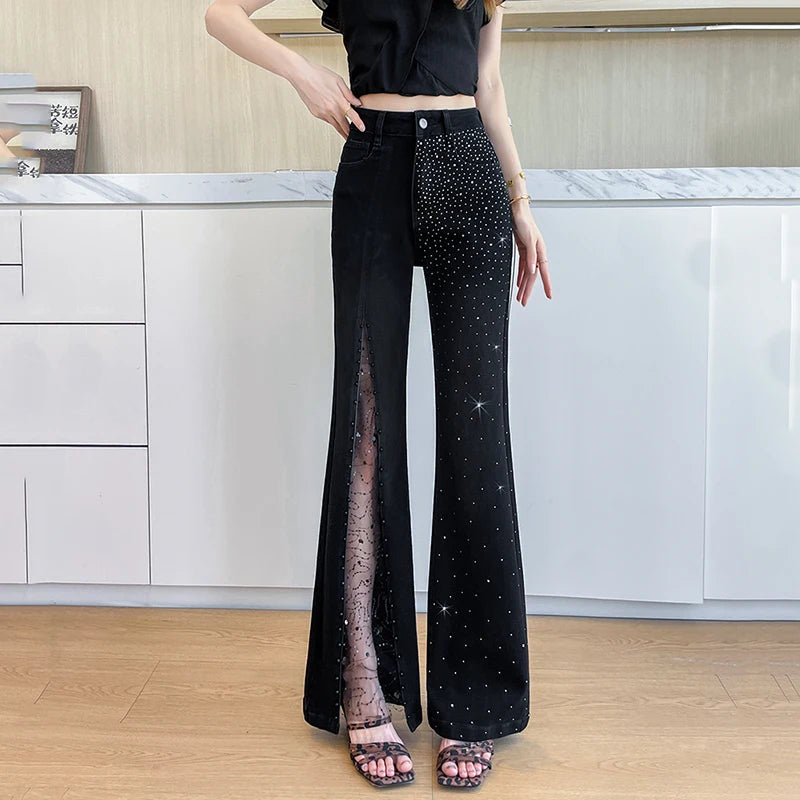 Women's Rhinestone & Beaded Split Flare Jeans High Waist Stretchy Black Denim Pants Lace Mesh See-Through Party Trousers Vintage